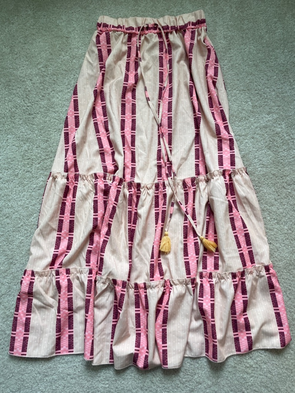 🛍️ 2/$30 | Tiered Maxi Skirt in Pink and Cream with Tassel Tie